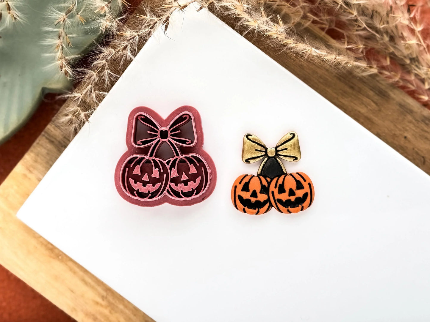 Pumpkin cherry clay cutter, double smiling pumpkin with bow for polymer clay and silver clay, UK made-Halloween / Goth Cutters