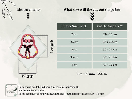 Measurement guide showing available sizes and cut-out dimensions for the cute ghost with bow polymer clay cutter.