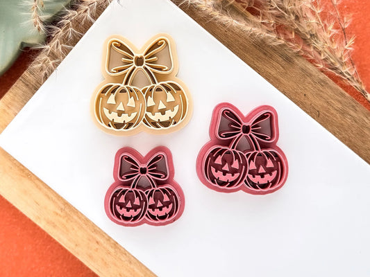 Pumpkin cherry clay cutter, double smiling pumpkin with bow for polymer clay and silver clay, UK made-Halloween / Goth Cutters