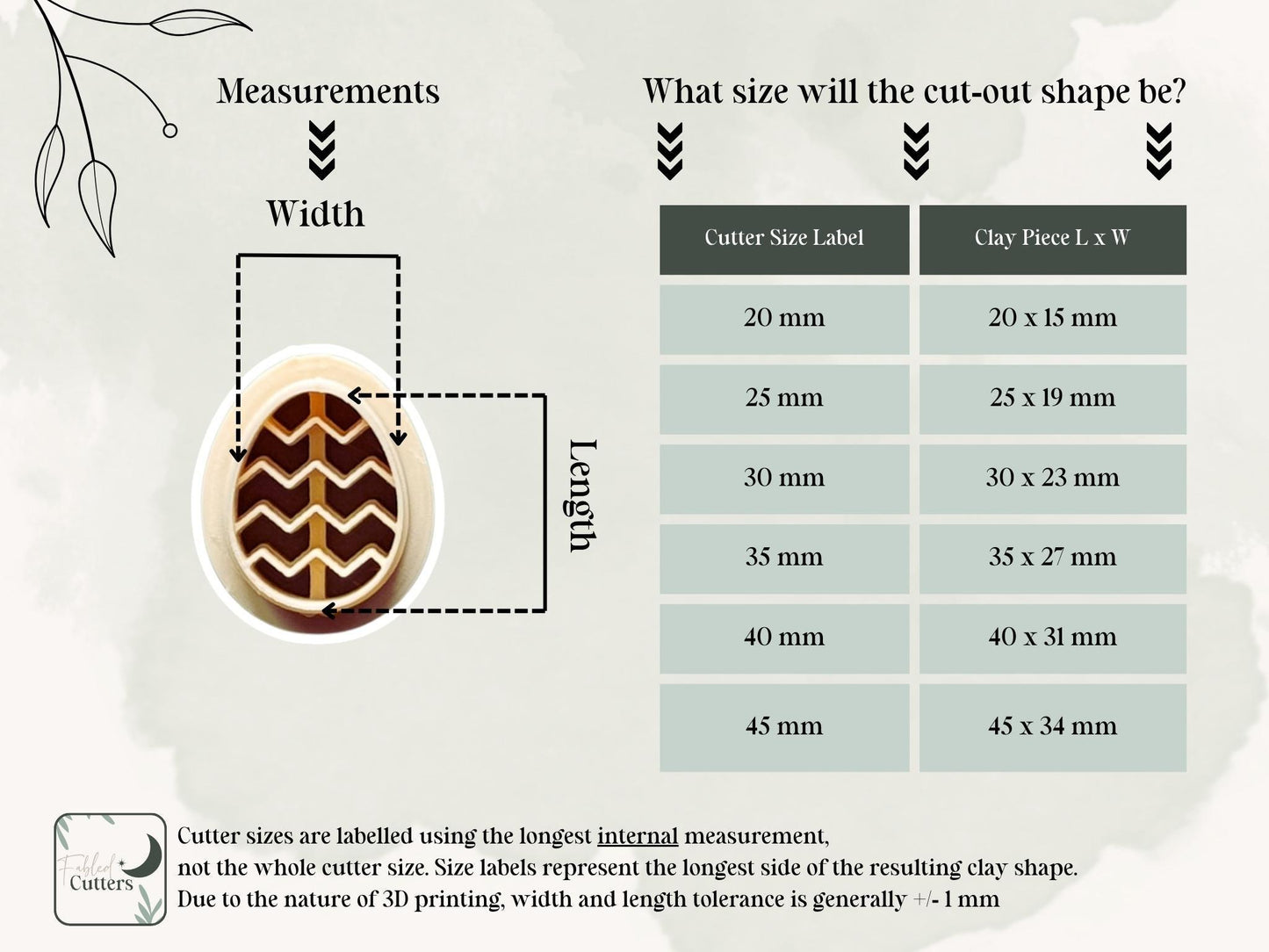 Size guide for polymer clay cutter easter egg shape