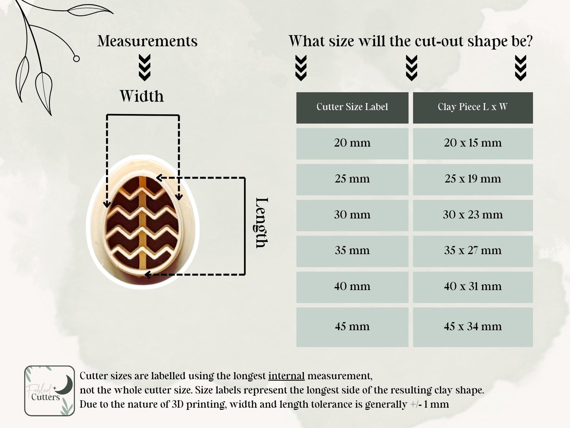 Size guide for polymer clay cutter easter egg shape