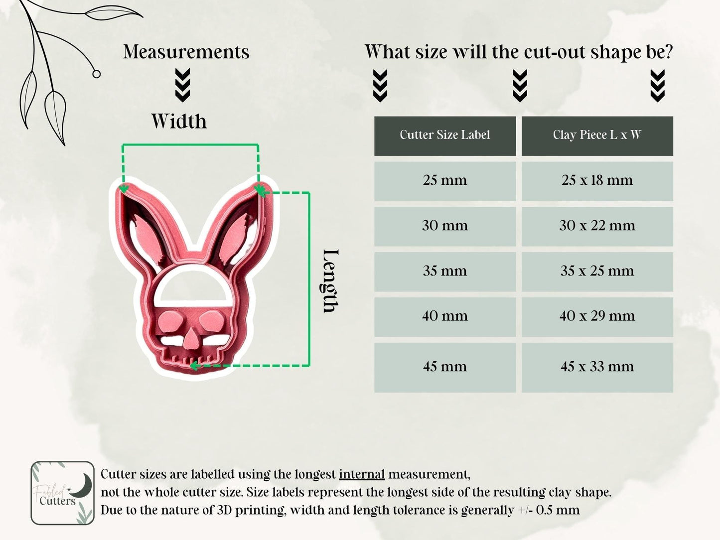 Size guide for rabbit skull polymer clay cutters
