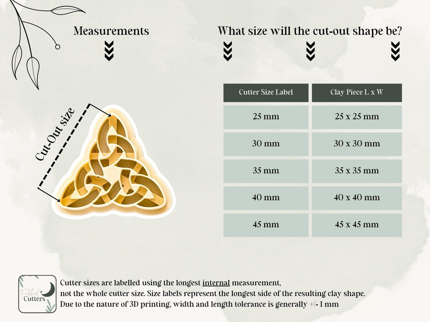 Celtic clay cutter size chart