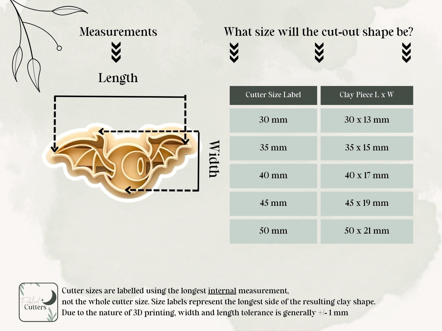Fabled cutters flying eyeball shaped clay cutter and stamp measurement guide for all sizes