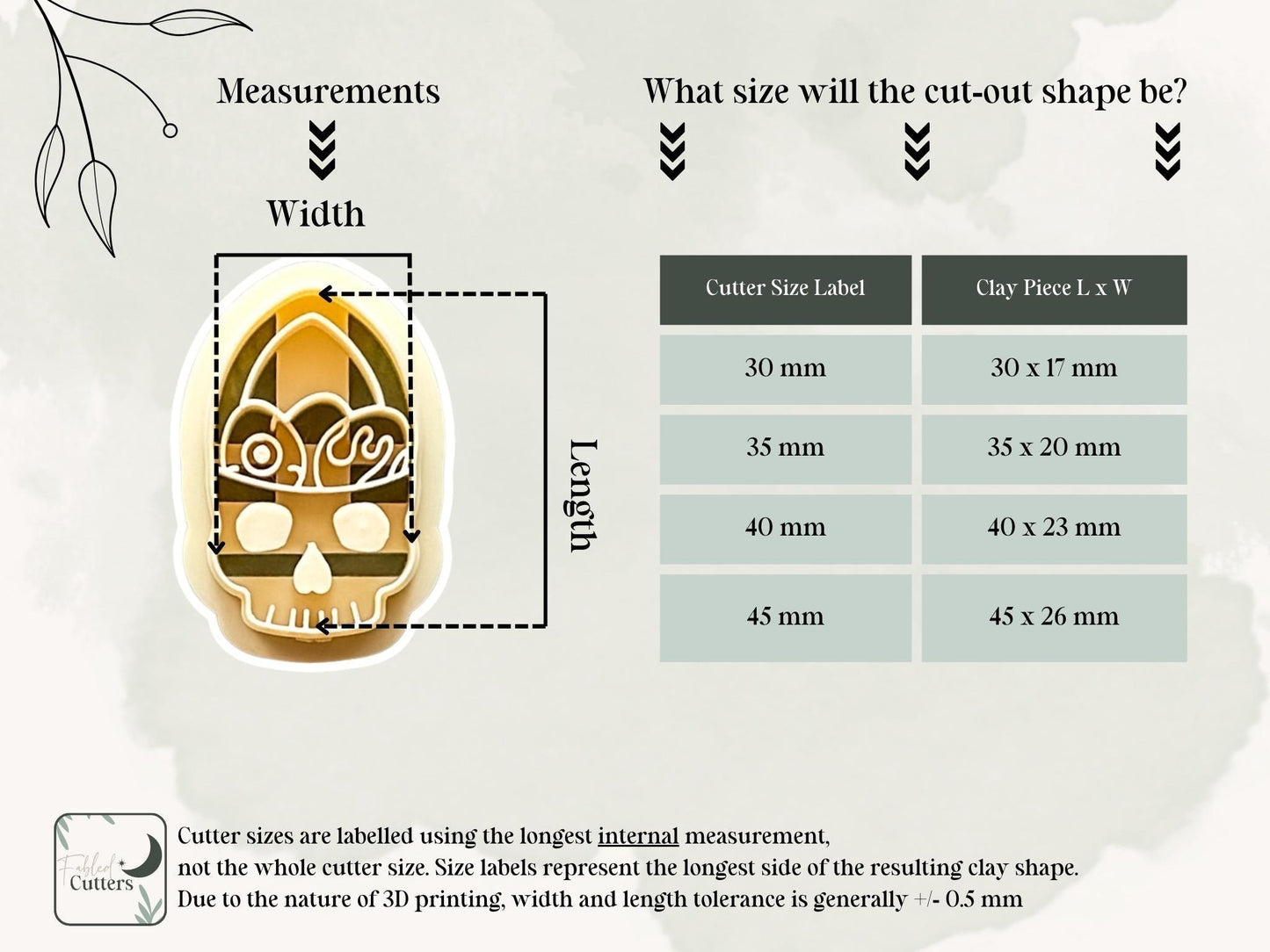 Skull basket clay cutter measurement guide