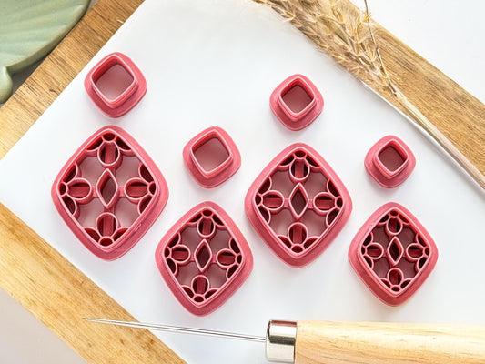 Image showing several sizes of the Fabled Cutters floral diamond 2 piece clay earring cutter set