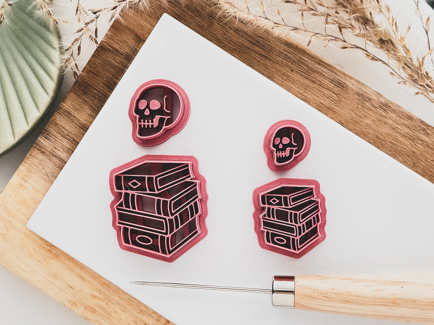 small and large skull and books clay cutter for polymer clay and silver clay