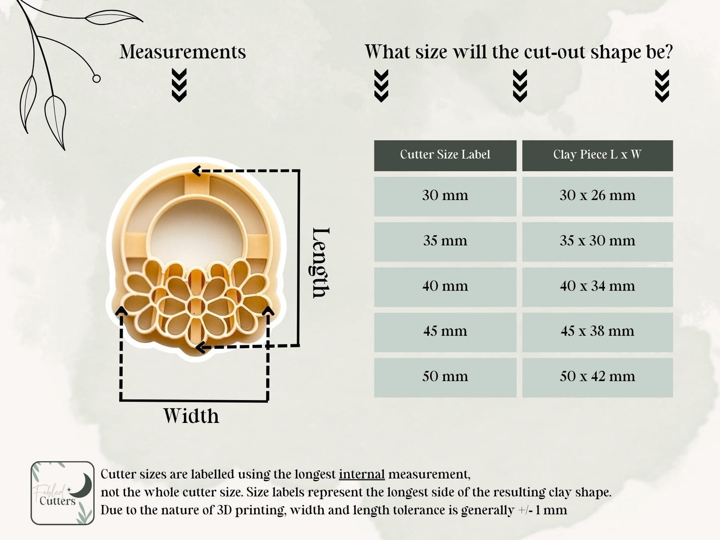 floral clay cutter size chart