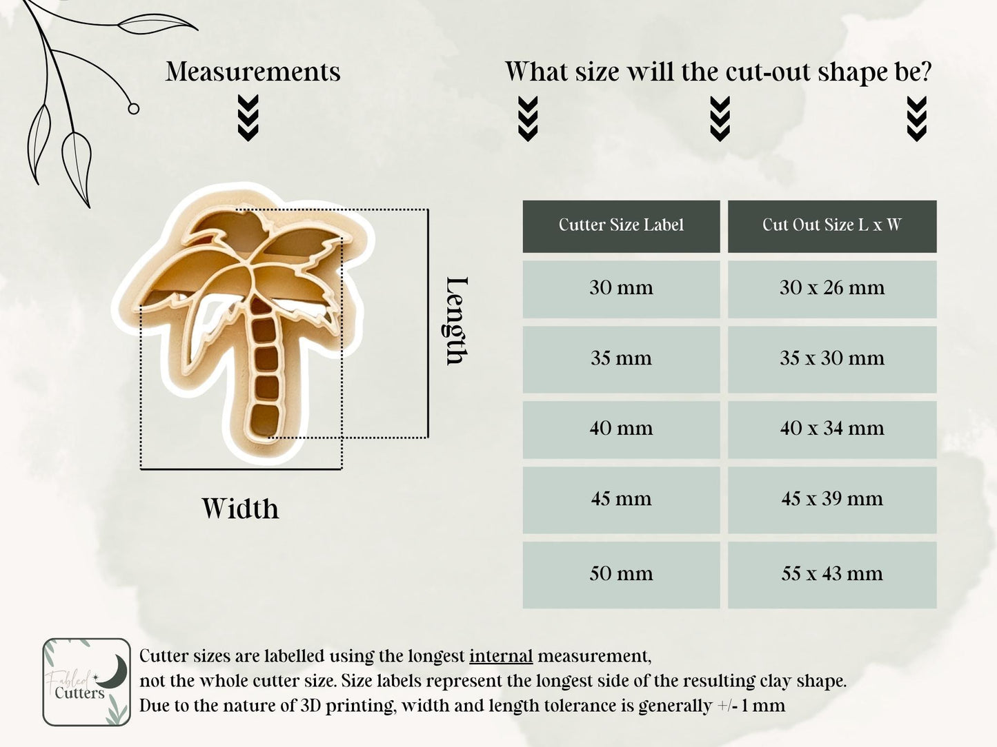 Palm tree cutter size chart