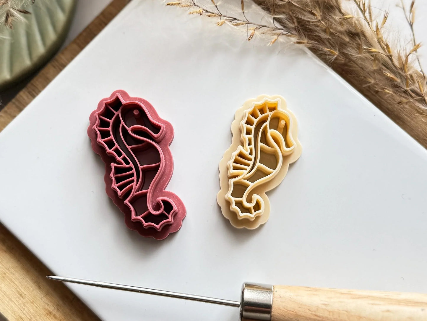 pink and beige coloured seahorse clay cutters