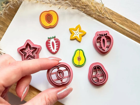 Sliced Fruit Cutter set, summer cutters for polymer clay and silver clay, pear, strawberry, peach & star fruit shapes. Made in the UK.-Food Themed Cutters