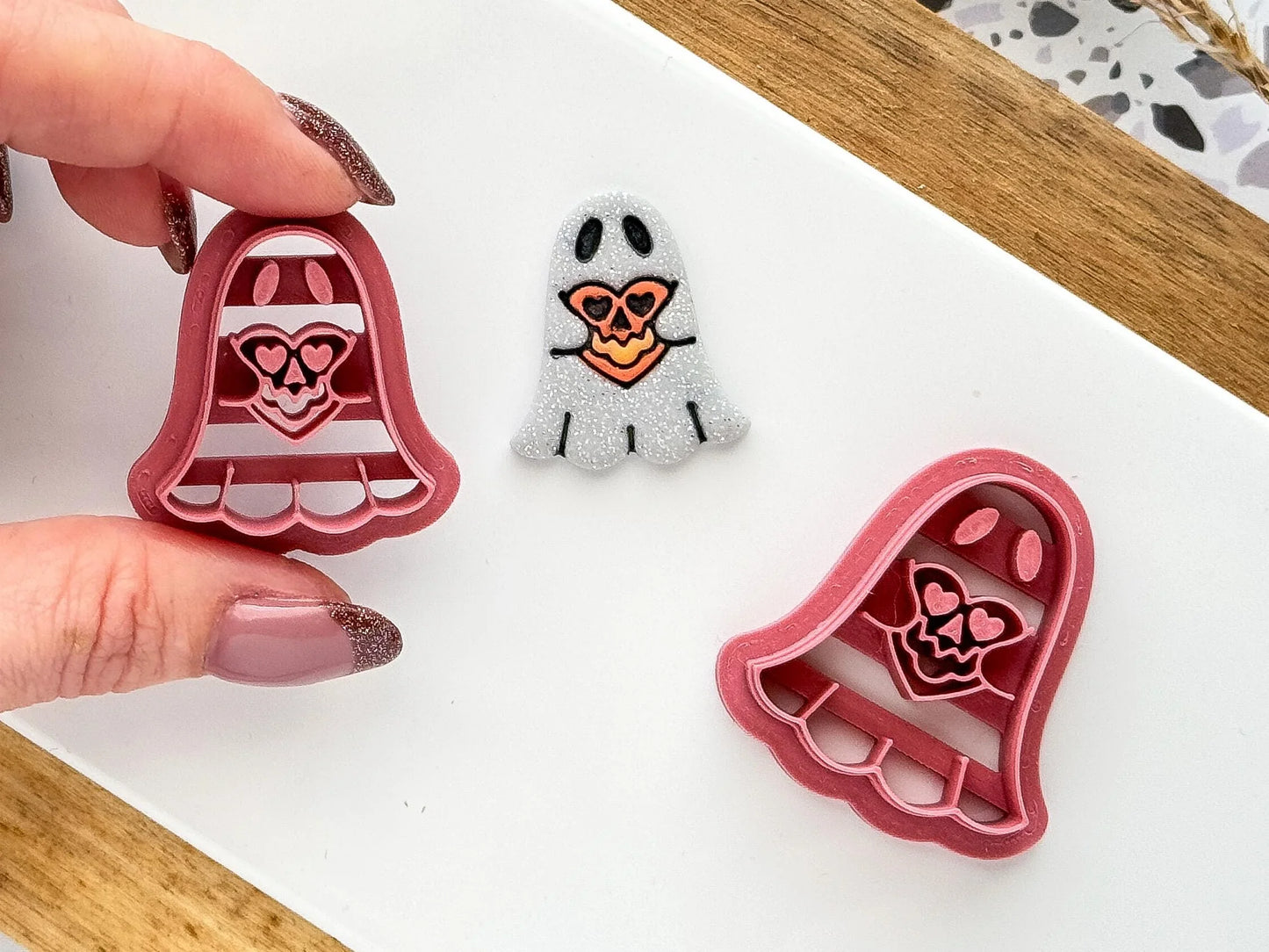Halloween Ghost Clay Cutter, cute Halloween ghost holding pumpkin, cutter for polymer and silver clay, printed in the FC studio-Gothic / Alt Cutters