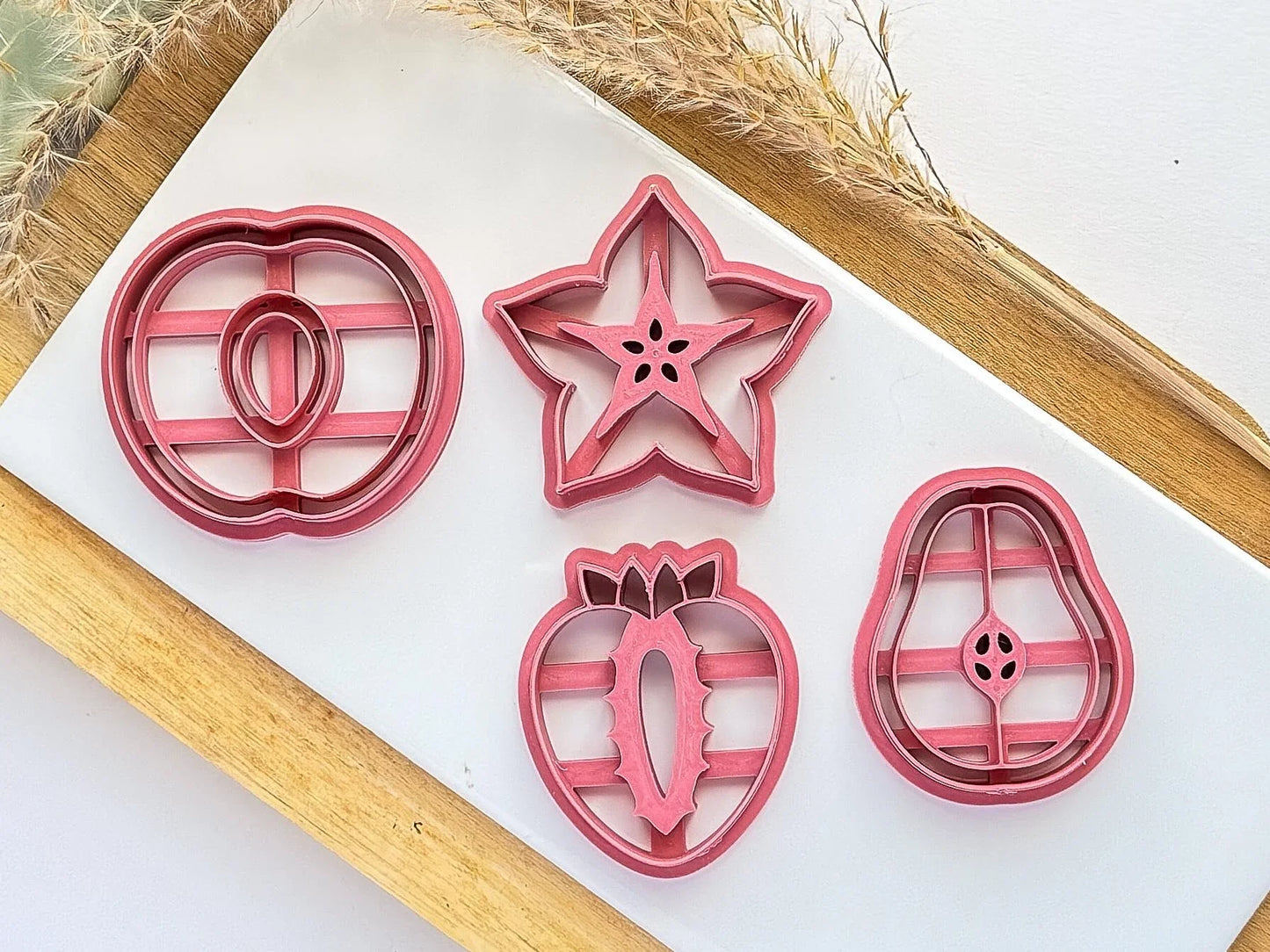 Sliced Fruit Cutter set, summer cutters for polymer clay and silver clay, pear, strawberry, peach & star fruit shapes. Made in the UK.-Food Themed Cutters