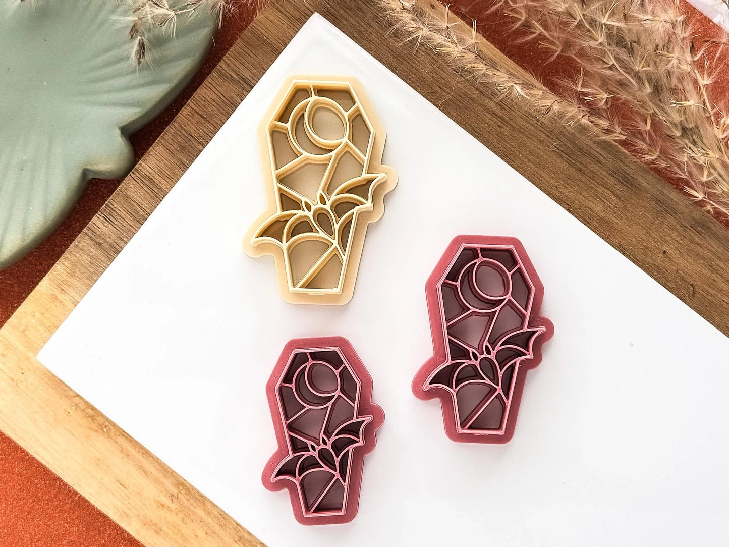 Halloween clay cutter, coffin shape cutter with flying bat and moon stamp details for polymer clay and silver clay, UK made-Halloween / Goth Cutters