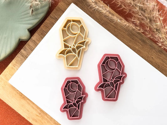 Halloween clay cutter, coffin shape cutter with flying bat and moon stamp details for polymer clay and silver clay, UK made-Halloween / Goth Cutters