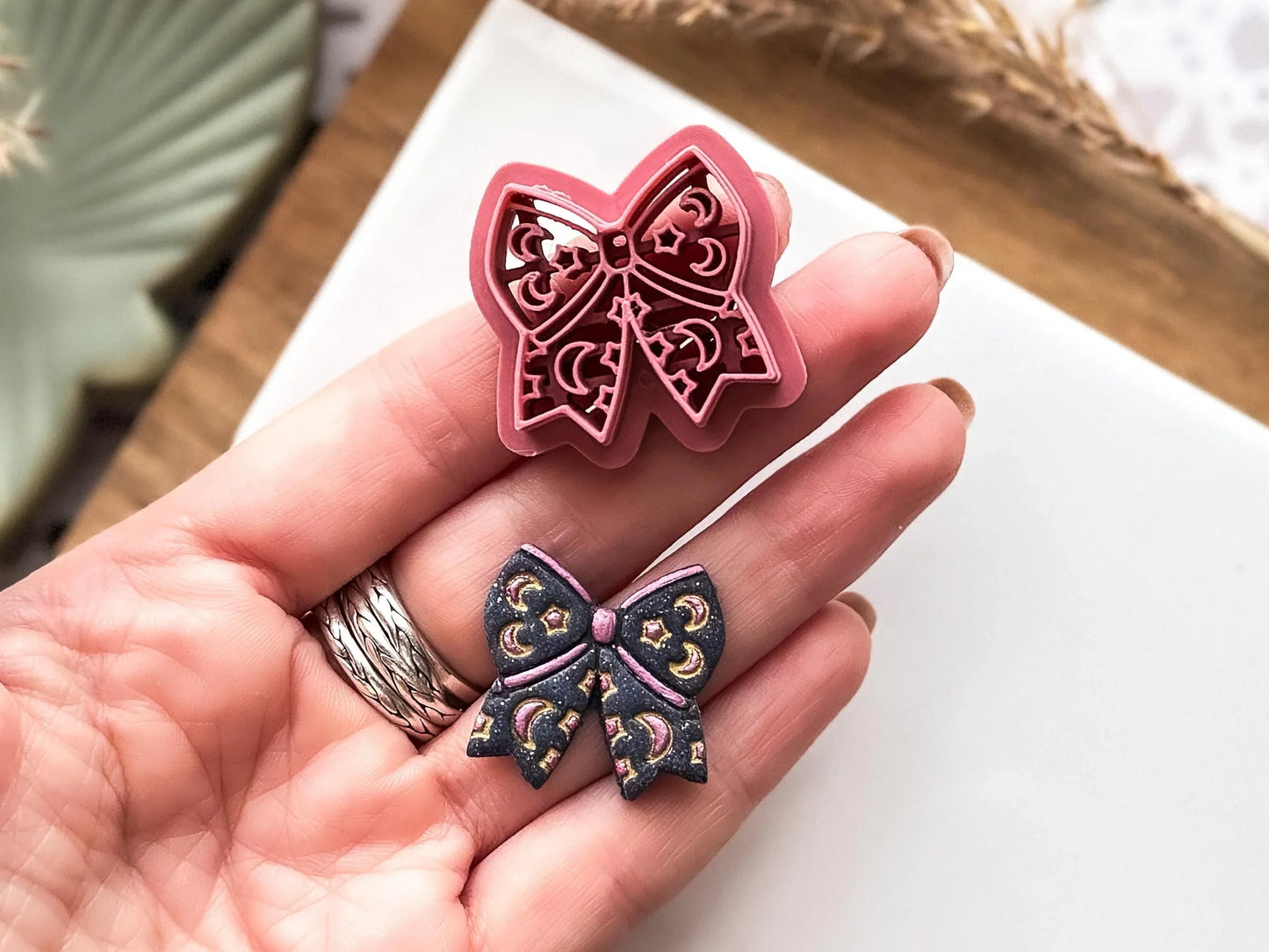 Celestial Bow Cutter, with star and moon stamp details for polymer and silver clay, UK made-Celestial Clay Cutters