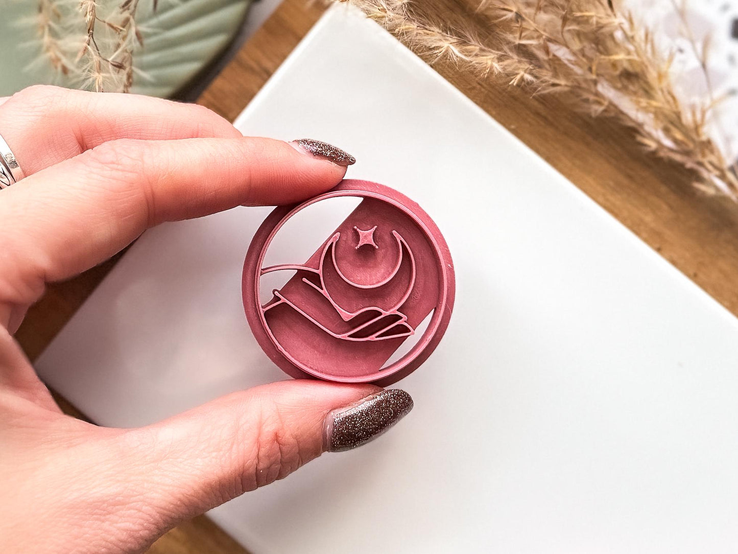 Boho Moon Cutter, circular shaped cutter with hand moon and star embossing pattern for polymer clay and silver clay, Various sizes available-Celestial Clay Cutters