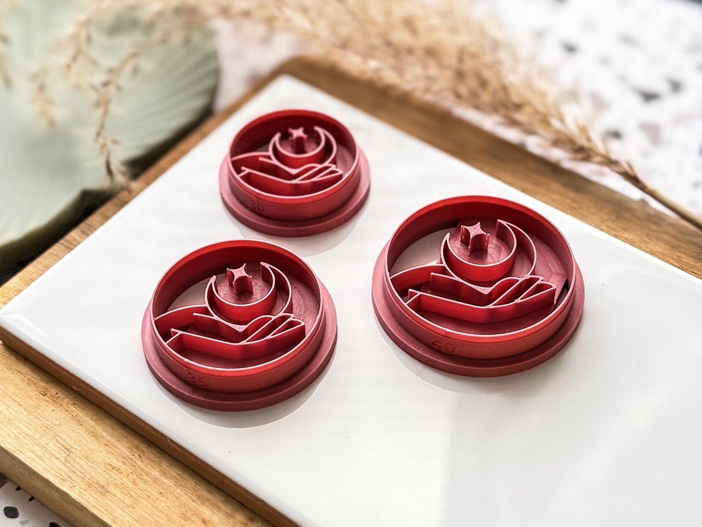 Boho Moon Cutter, circular shaped cutter with hand moon and star embossing pattern for polymer clay and silver clay, Various sizes available-Celestial Clay Cutters