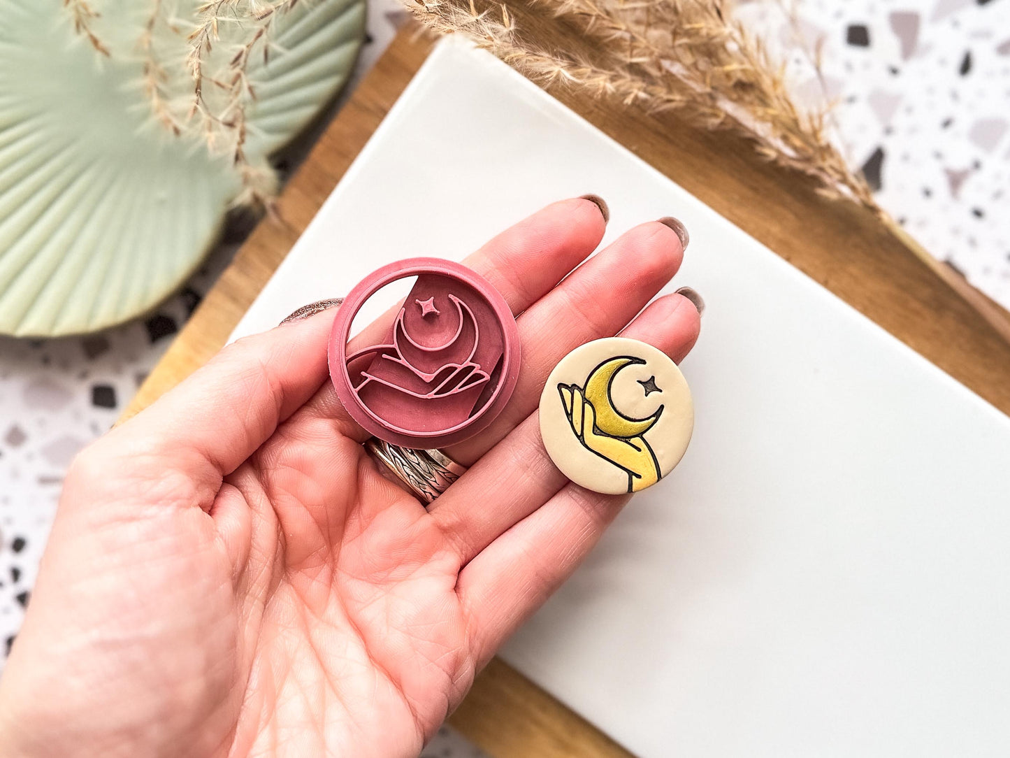 Boho Moon Cutter, circular shaped cutter with hand moon and star embossing pattern for polymer clay and silver clay, Various sizes available-Celestial Clay Cutters
