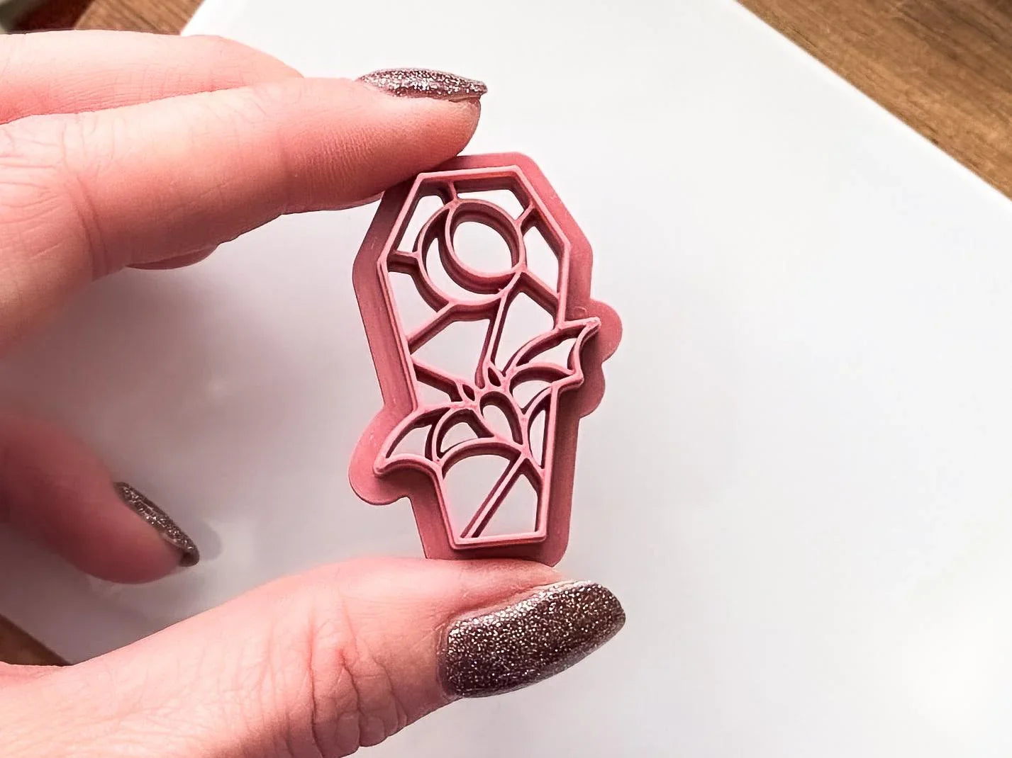 Halloween clay cutter, coffin shape cutter with flying bat and moon stamp details for polymer clay and silver clay, UK made-Halloween / Goth Cutters