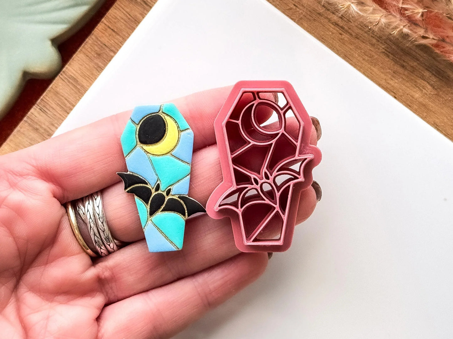 Halloween clay cutter, coffin shape cutter with flying bat and moon stamp details for polymer clay and silver clay, UK made-Halloween / Goth Cutters