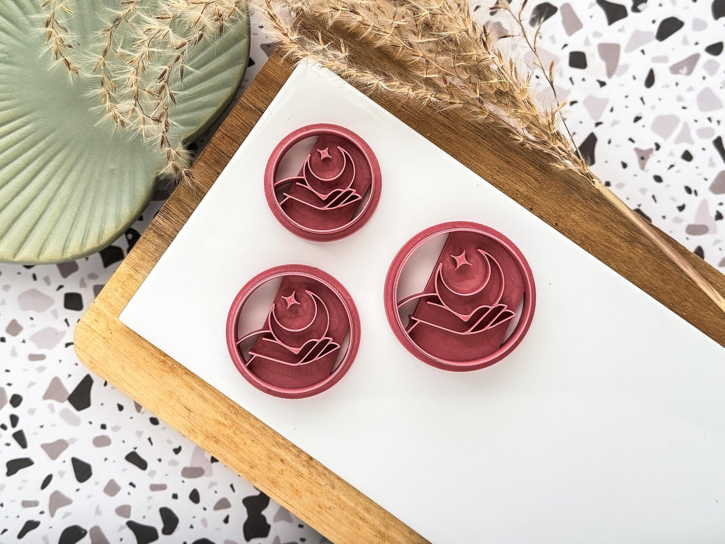 Boho Moon Cutter, circular shaped cutter with hand moon and star embossing pattern for polymer clay and silver clay, Various sizes available-Celestial Clay Cutters