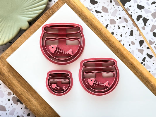Fish Bowl Clay Cutter, Skeleton Fish in a Bowl Embossing Cutter, 5 Sizes 2.5 - 4.5 cm, UK Made-Halloween / Goth Cutters