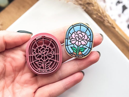 Floral Stained Glass Clay Cutter: Oval Framed Coronation Flower Design For Polymer Clay, UK Made-Floral Clay Cutters