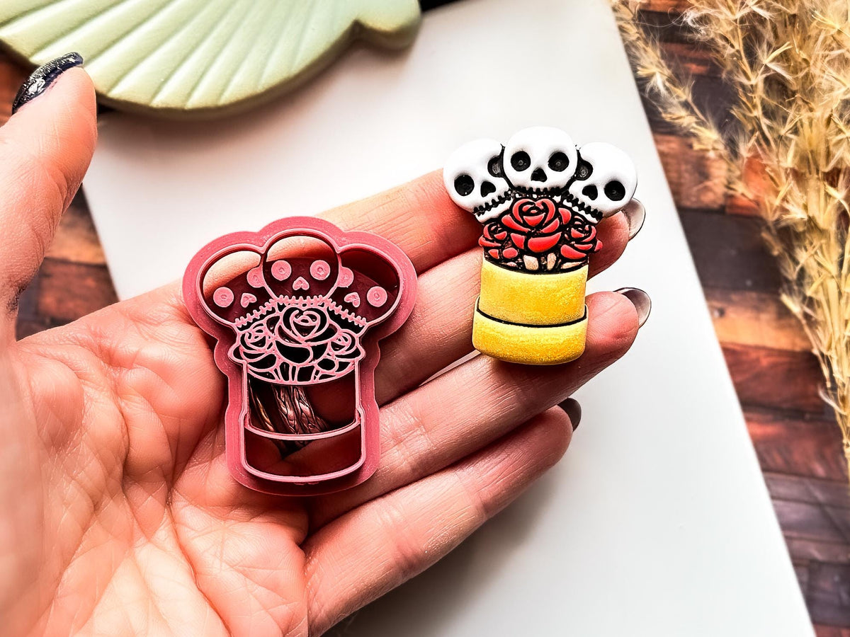 Spooky Valentine Cutter, Skull Flower Boquet Design For Polymer Clay, Metal Clay, Fondant, 3 - 5 cm Sizes-Valentines Clay Cutters