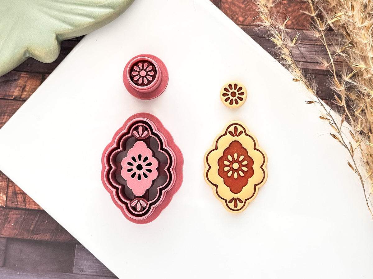 Boho Clay Earring Cutter, 2 Piece Decorative Dangle Cutters With Floral Stamp Detail, 4 Sizes, Made in UK-Earring Cutter Sets