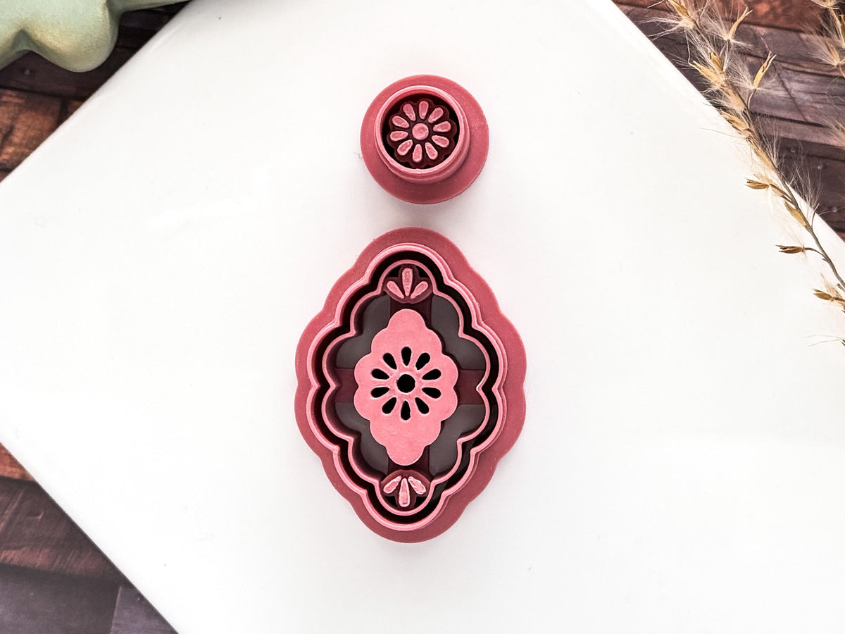 Boho Clay Earring Cutter, 2 Piece Decorative Dangle Cutters With Floral Stamp Detail, 4 Sizes, Made in UK-Earring Cutter Sets
