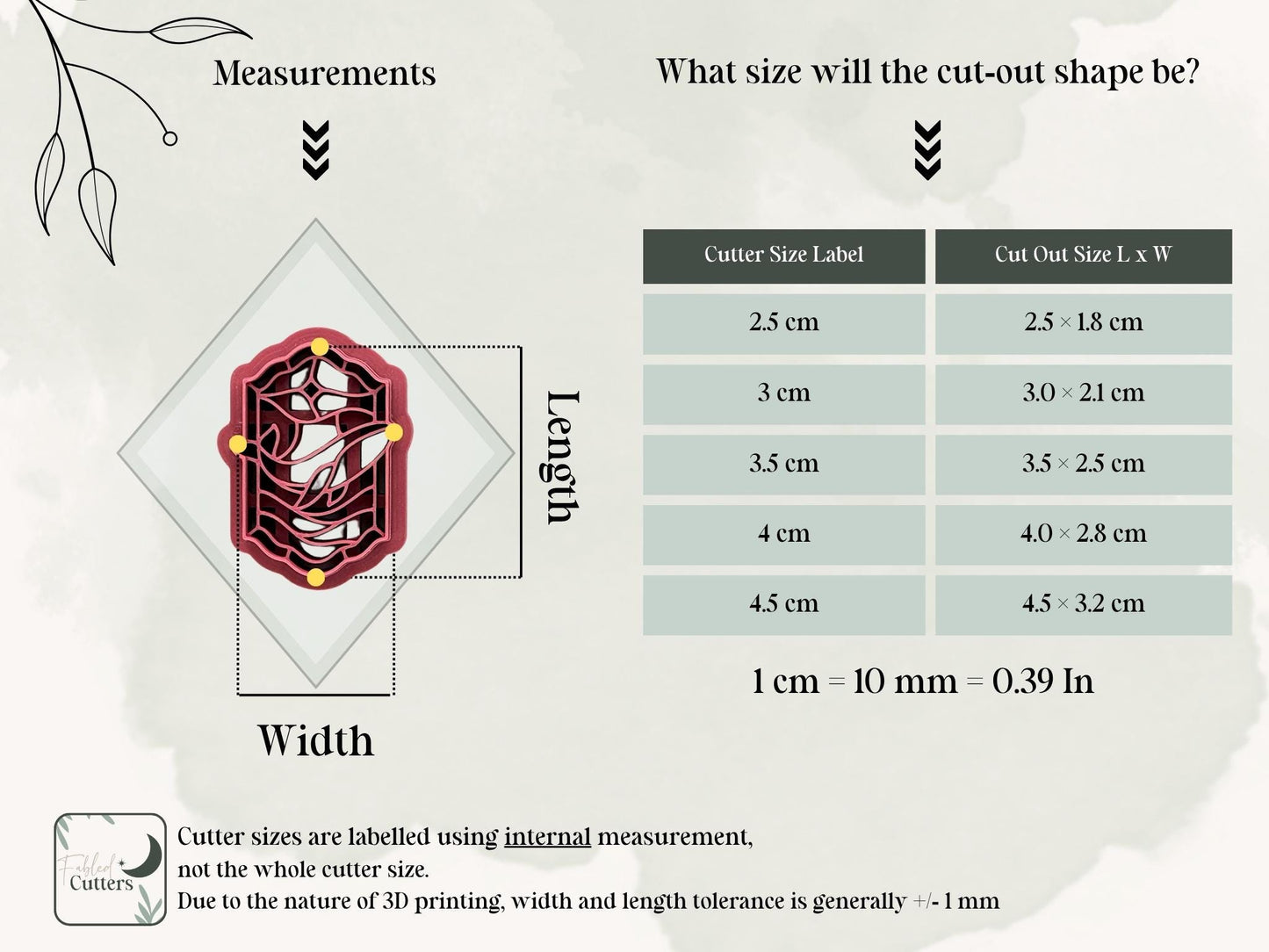 Measurement guide showing available sizes and cut-out dimensions for the stained glass whale polymer clay cutter.