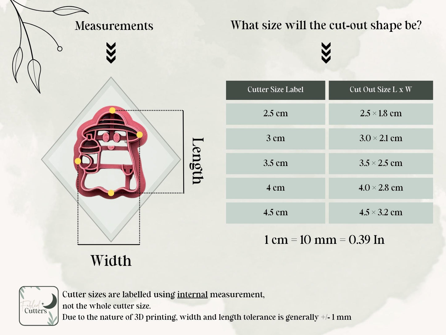 Measurement guide showing available sizes and cut-out dimensions for the summer ghost polymer clay cutter.
