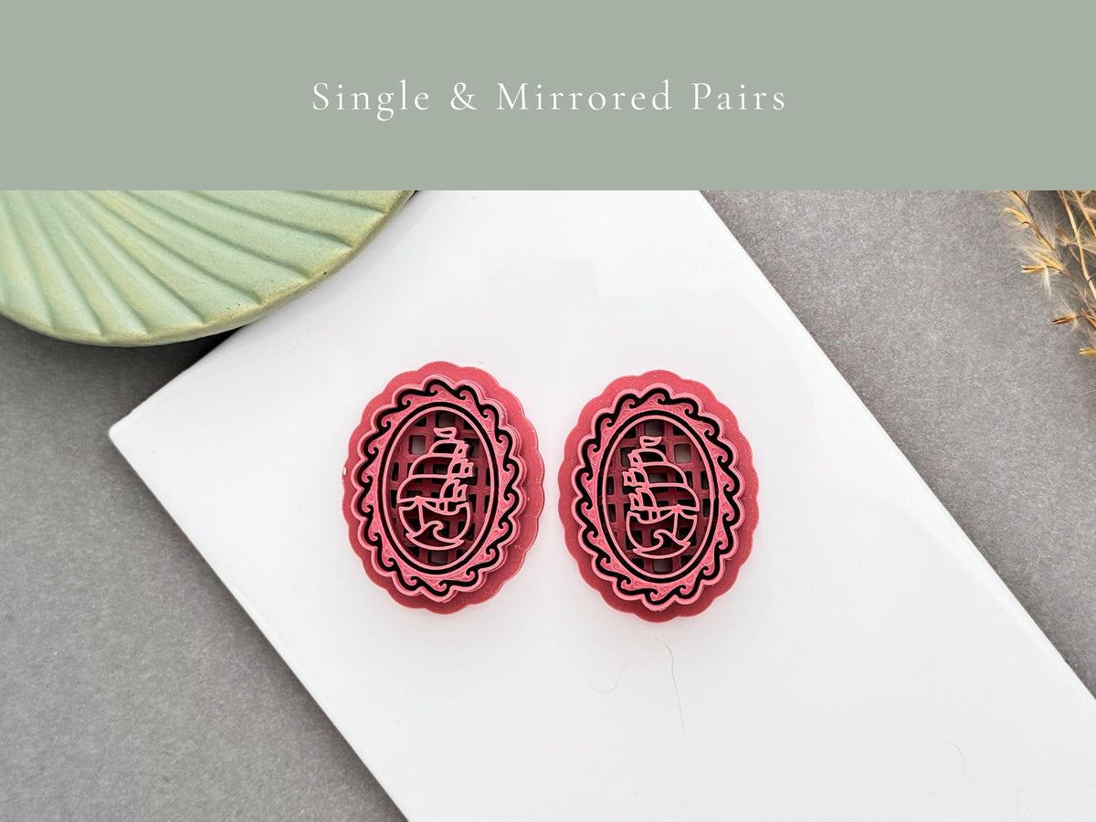 Mirrored pair of ornate sailing ship cameo polymer clay cutters, showing left and right facing designs for creating matching clay earrings or symmetrical embellishments.