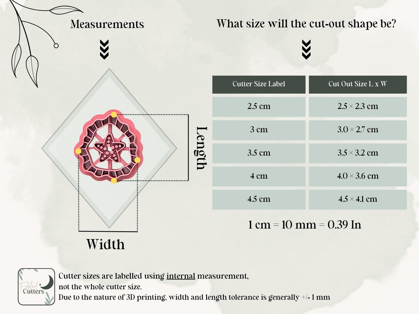 Starfish polymer clay cutter size guide showing cutter measurements and finished cut-out dimensions from 2.5 cm to 4.5 cm, with the size measured using the internal dimensions of the cutter.