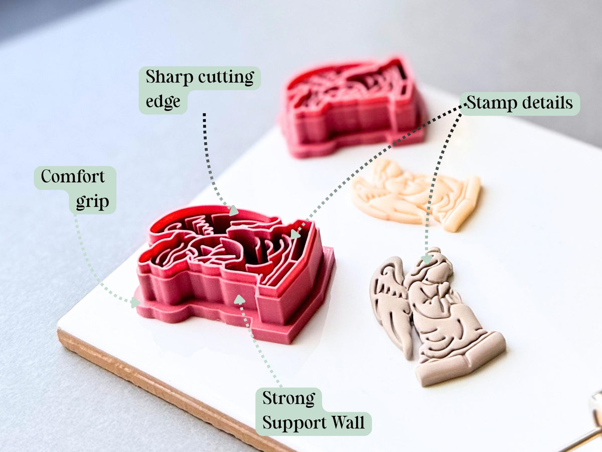 Feature graphic showing a gothic angel clay cutter with detailed kneeling winged angel stamp details, alongside finished polymer clay angel cut-outs. Labels highlight the sharp cutting edge, stamp details, strong support wall and comfortable grip.