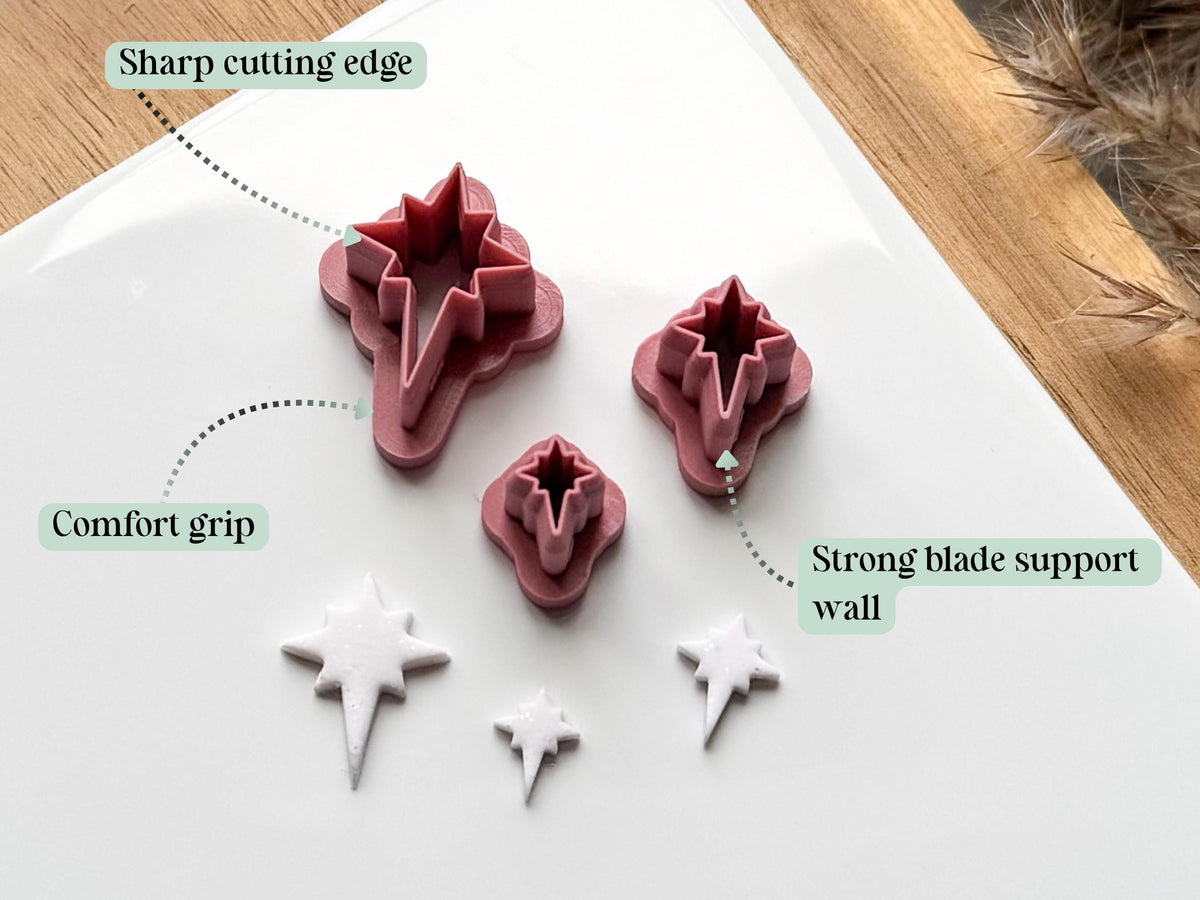 Feature graphic highlighting the star polymer clay cutters’ sharp cutting edges, strong blade support walls and comfortable grips, shown in three sizes alongside matching white clay cut-outs.