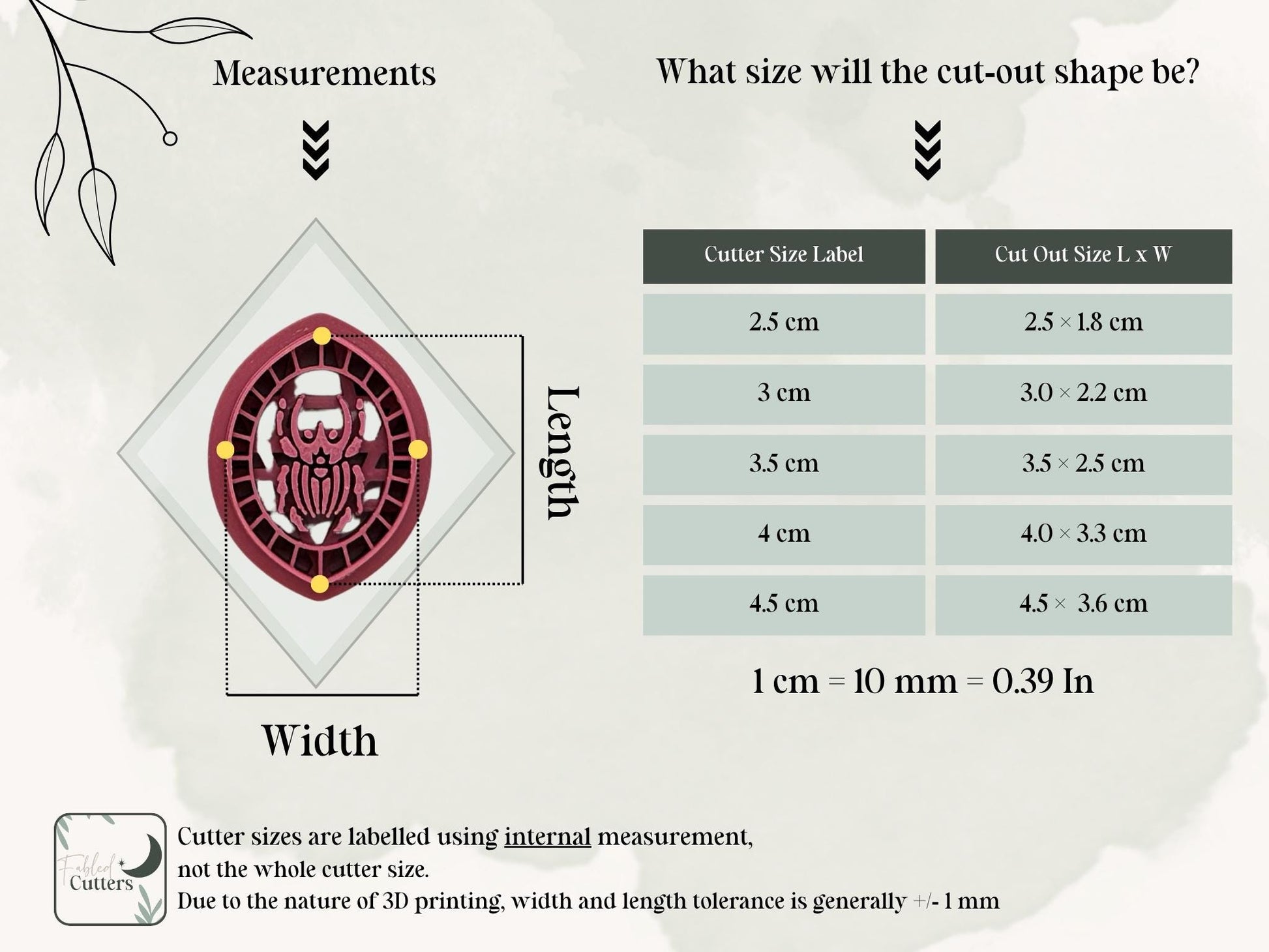 Size guide for the Goliath beetle polymer clay cutter showing internal cutter measurements and the finished clay cut-out dimensions for all available sizes.