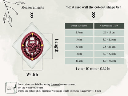 Size guide for the Goliath beetle polymer clay cutter showing internal cutter measurements and the finished clay cut-out dimensions for all available sizes.
