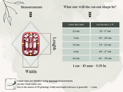 Size guide for the beetle polymer clay cutter showing internal cutter measurements and the finished clay cut-out dimensions for all available sizes.