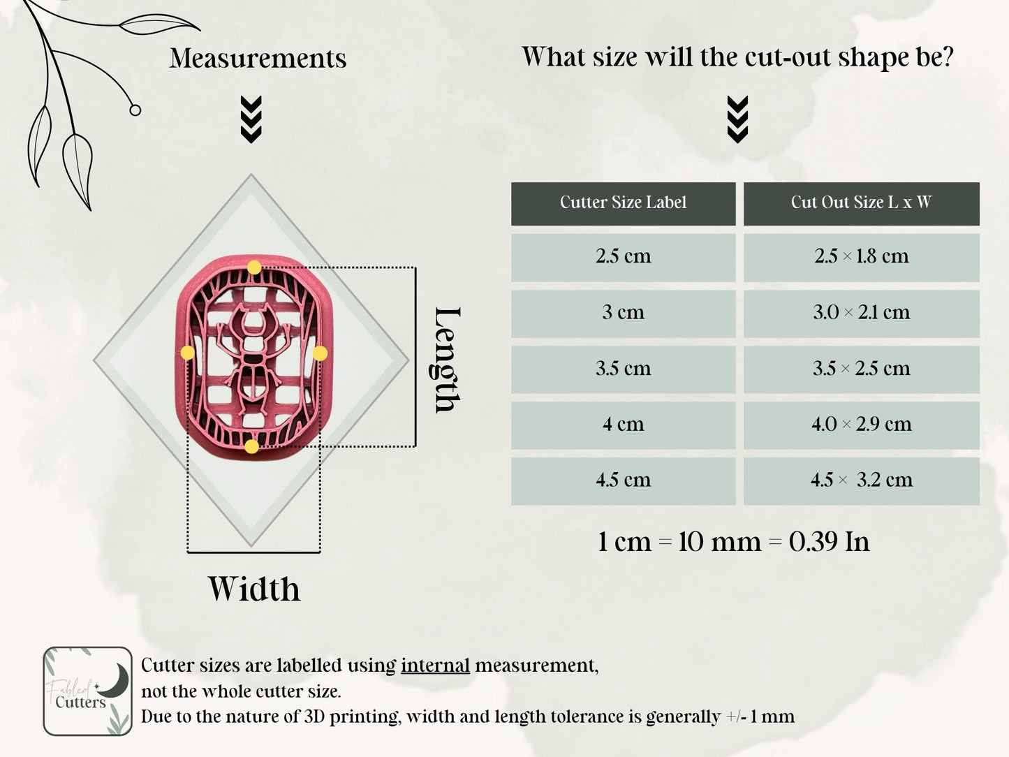 Size guide for the scarab beetle polymer clay cutter showing internal cutter measurements and the finished clay cut-out dimensions for all available sizes.