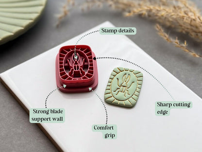 Feature graphic highlighting the beetle polymer clay cutter's detailed stamp imprint, sharp cutting edge, strong blade support wall and comfortable grip, shown beside the matching finished clay embellishment.