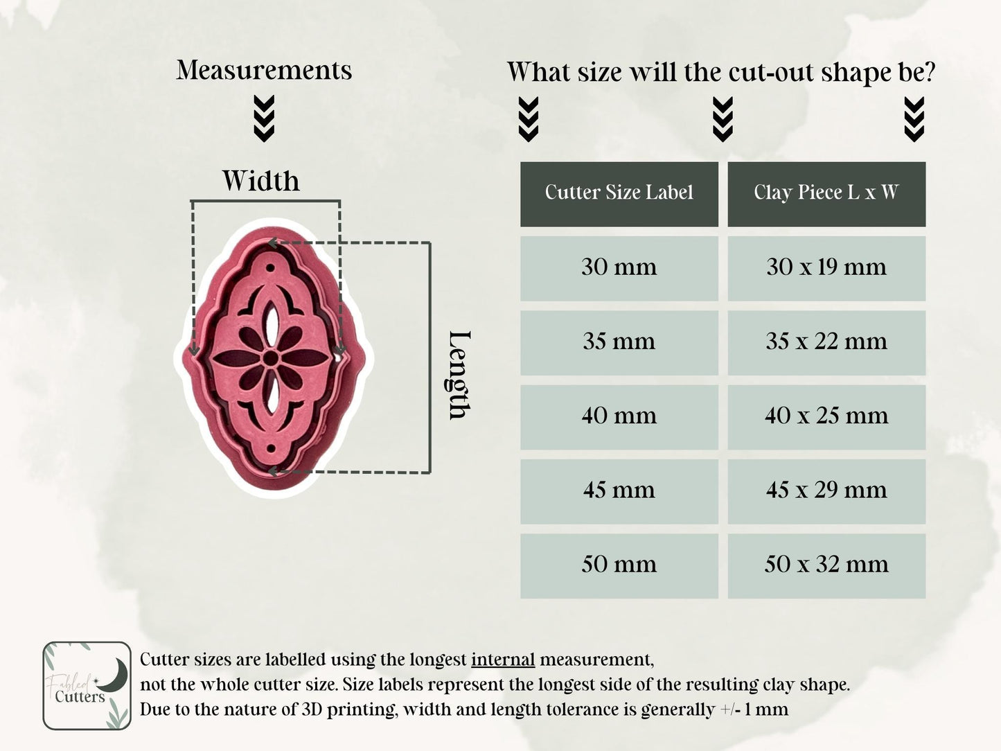 Debossing clay cutter with size chart