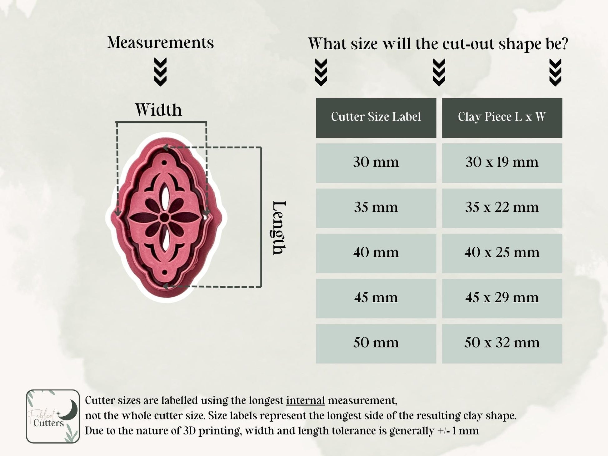 Debossing clay cutter with size chart