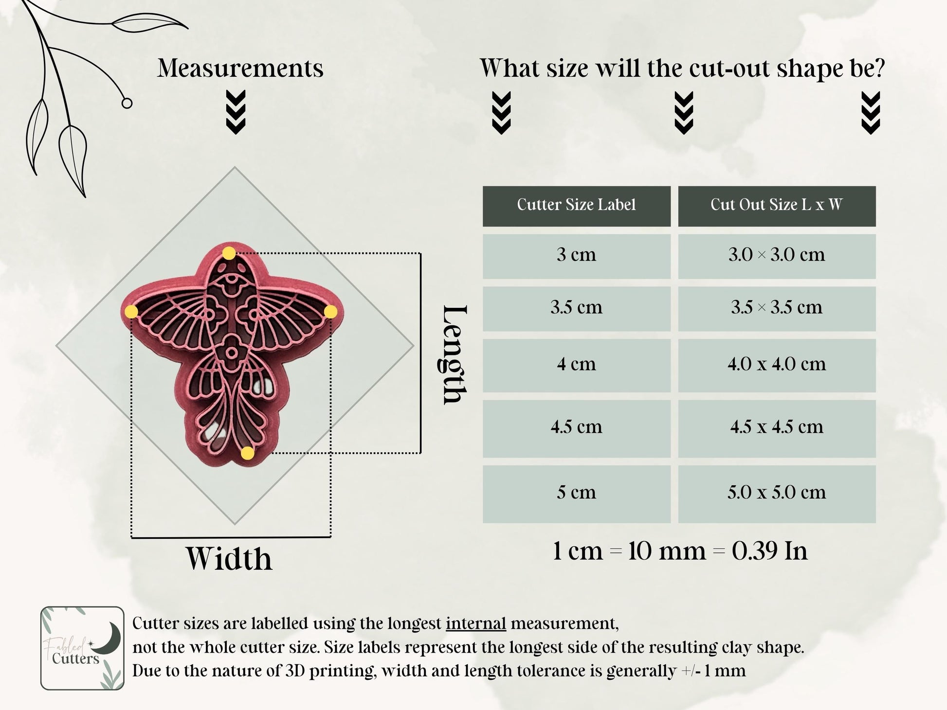 Folk art floral fish polymer clay cutter measurement guide showing available sizes and finished clay cut-out dimensions