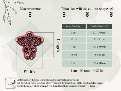 Folk art floral fish polymer clay cutter measurement guide showing available sizes and finished clay cut-out dimensions