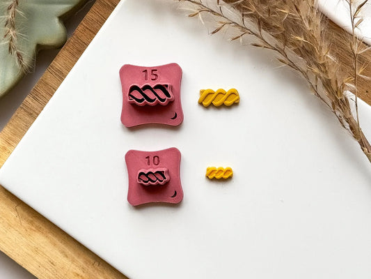 Micro fusilli pasta clay cutter, with mini pasta clay shapes cut using the clay tool. 