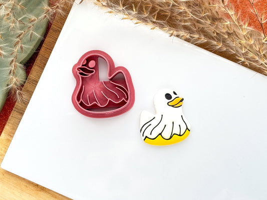 Duck shaped halloween cutter for polymer clay with eye, beak and sheet stamp details. 
