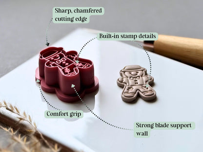 Vintage-inspired gingerbread man polymer clay cutter feature graphic highlighting the sharp chamfered cutting edge, built-in folk-art stamp details, strong blade support wall and comfortable grip, shown beside the matching finished clay embellishment.