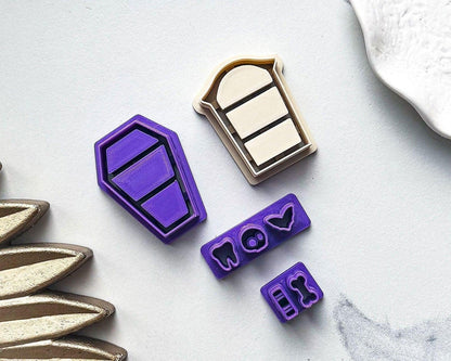 Gothic coffin and grave shaped Bookshelf Clay Cutter Set with mini spooky shapes - Fabled Cutters